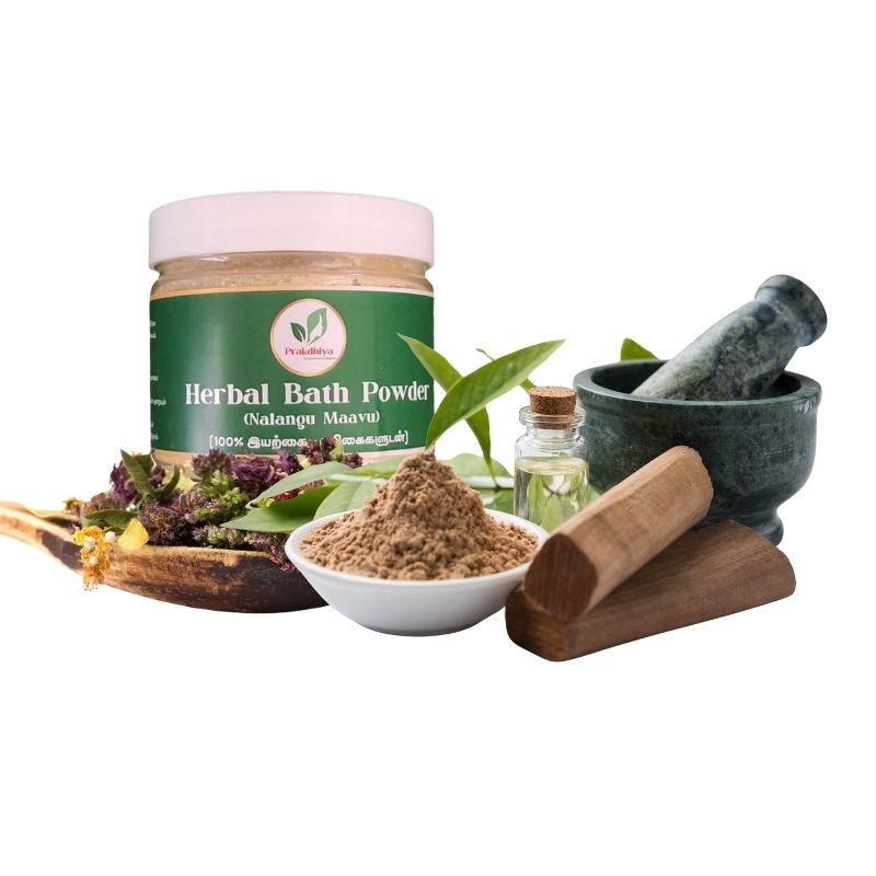 Side view of 100% Herbal Nalangu Maavu 200g bottle