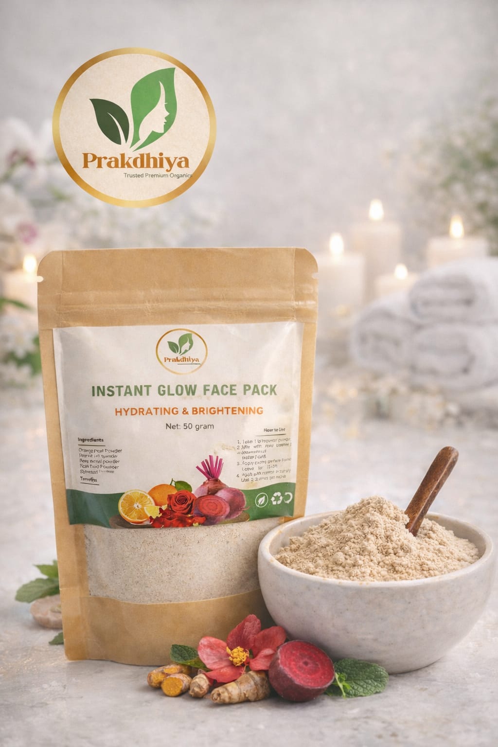 Front view of Instant Glow Face Pack 50g bottle